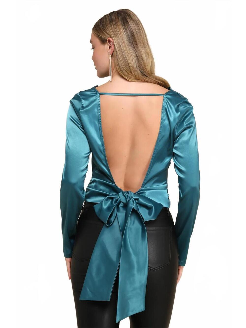 NWT Lulus Lovely Outing Teal Green Satin Cowl Neck Backless Top Size Small - Picture 2 of 7